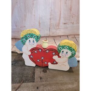 Wooden heart cherub Angel candlestick holder Decor figure
